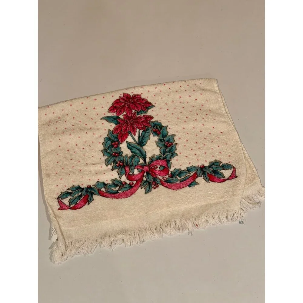 VTG‎ Royal Terry B&D Christmas Hand Towel Poinsettia Wreath Pink Dot Fringe MCM